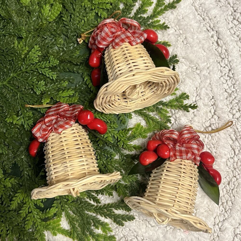 Vintage Set of 3 Wicker Bell Christmas Ornaments Red White Gingham Berries